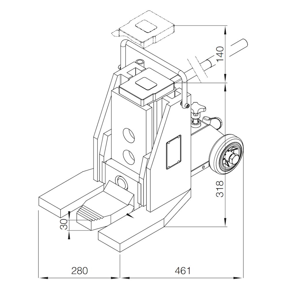 Risszeichnung des hydraulischen Hebegerätes / Maschinenhebers G10 für 10 Tonnen Traglast