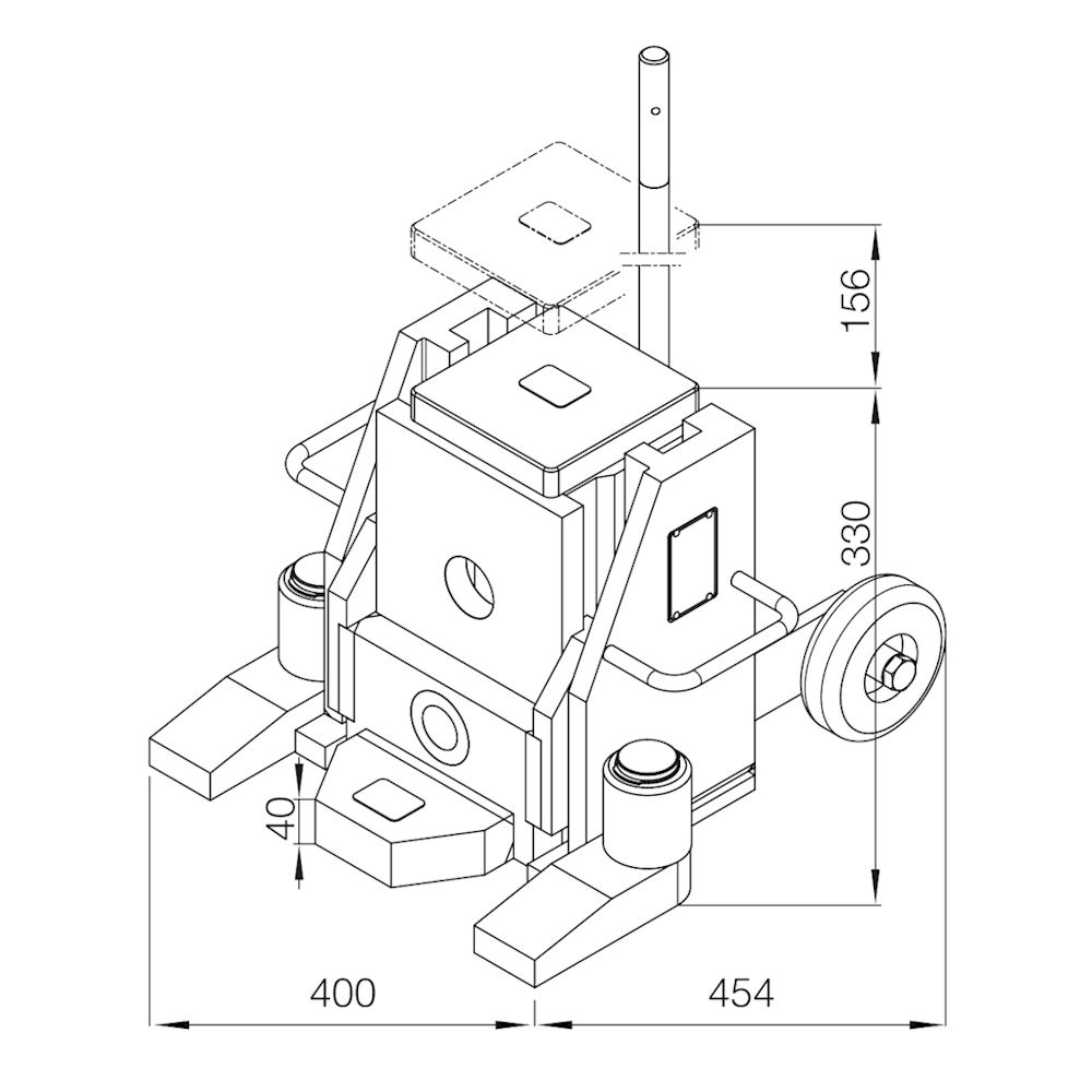 Risszeichnung des hydraulischen Hebegerätes / Maschinenhebers V30-EX für 30 Tonnen Traglast